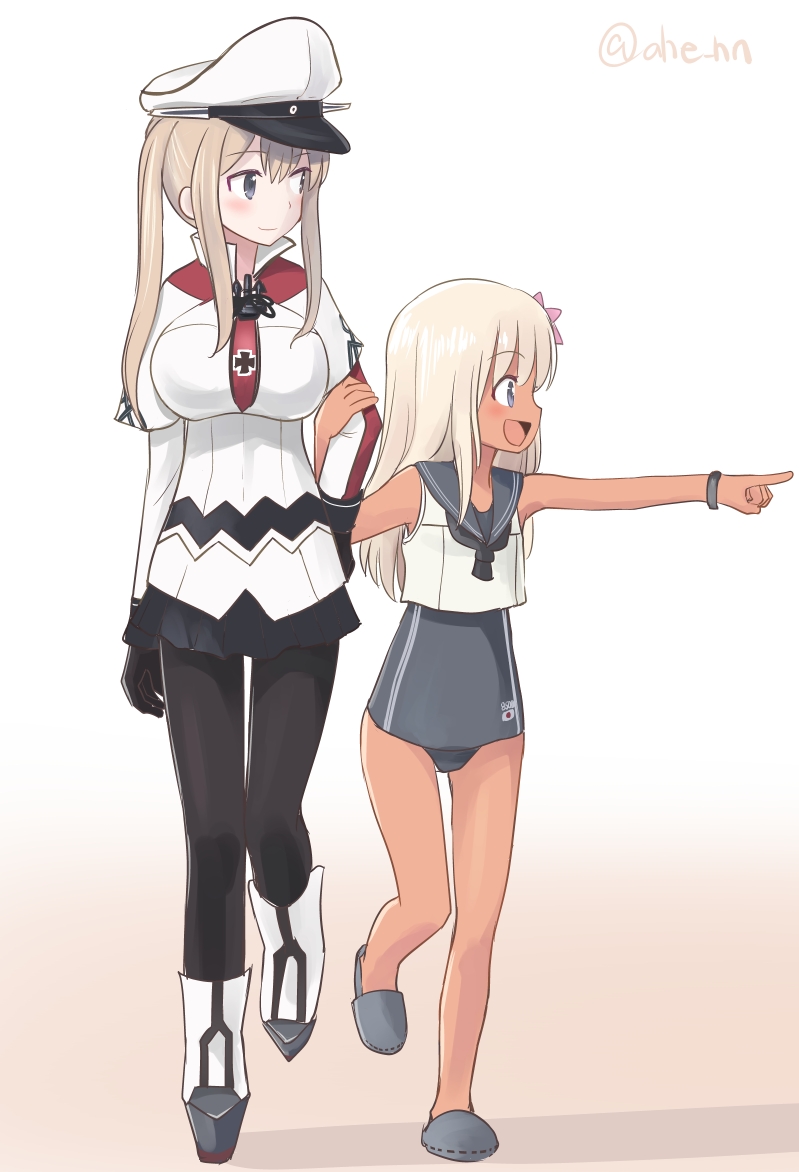 2girls ahenn anchor black_legwear blonde_hair blush bracelet breasts capelet commentary_request crop_top eyebrows_visible_through_hair flower full_body gloves graf_zeppelin_(kantai_collection) grey_eyes hair_between_eyes hair_flower hair_ornament hat jewelry kantai_collection large_breasts long_hair long_sleeves miniskirt multiple_girls necktie nontraditional_school_swimsuit one-piece_swimsuit one-piece_tan open_mouth pantyhose peaked_cap ro-500_(kantai_collection) sailor_collar school_swimsuit school_uniform serafuku sidelocks simple_background skirt slippers smile swimsuit swimsuit_under_clothes tan tanline twintails twitter_username