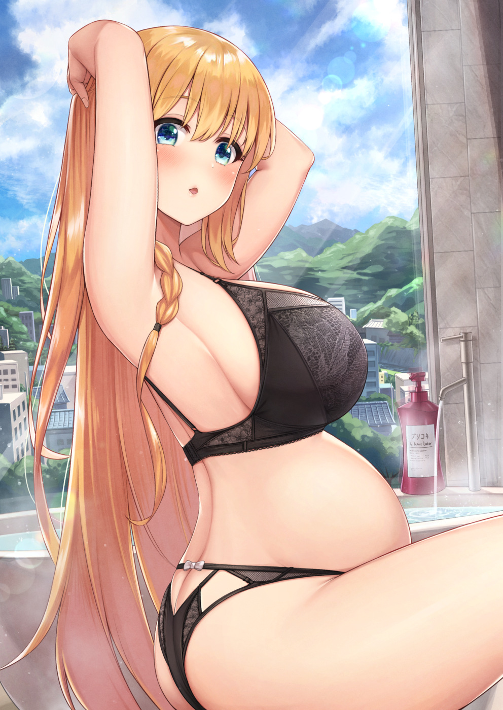 1girl ahoge arms_behind_head arms_up bathroom bathtub black_bra black_panties blue_eyes bra braid breasts commentary_request day eyebrows_visible_through_hair fou_zi from_side hair_ribbon highres indoors large_breasts light_particles long_hair looking_at_viewer midriff open_mouth orange_hair panties pecorine pregnant princess_connect! princess_connect!_re:dive revision ribbon side_braid sunlight thighs underwear underwear_only very_long_hair water window