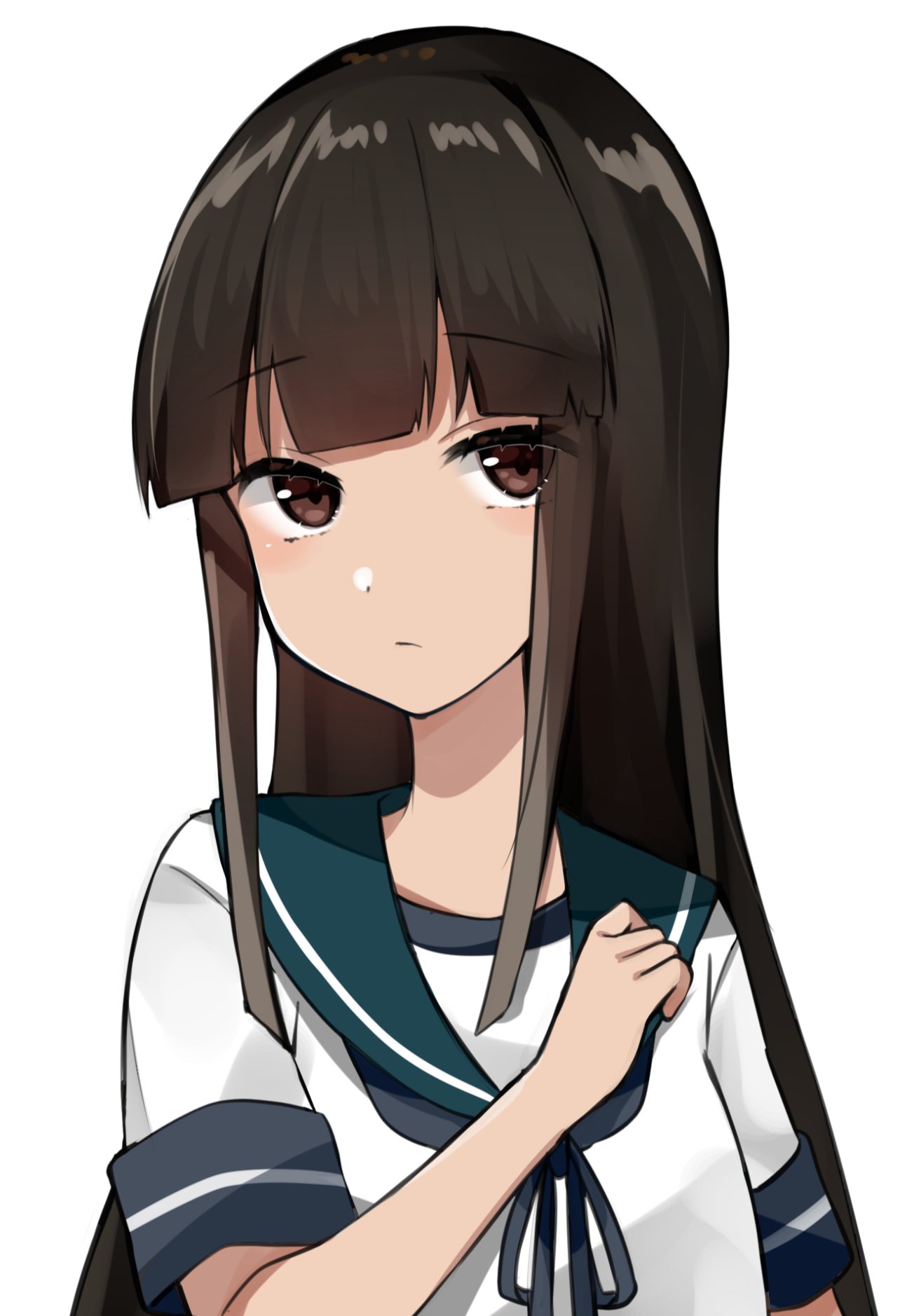 1girl bangs black_hair blue_neckwear blue_sailor_collar blunt_bangs brown_eyes collared_shirt hatsuyuki_(kantai_collection) highres hime_cut kantai_collection katsuobushi_(eba_games) long_hair looking_at_viewer neckerchief sailor_collar school_uniform serafuku shirt simple_background solo white_background