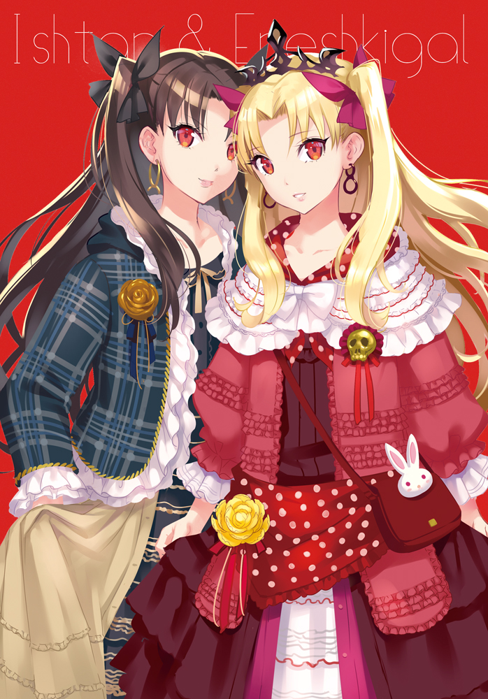 2girls bag bangs black_dress black_ribbon blonde_hair blue_jacket brown_dress brown_hair character_name closed_mouth collarbone commentary_request dress earrings ereshkigal_(fate/grand_order) eyebrows_visible_through_hair fate/grand_order fate_(series) flower frilled_jacket hair_ribbon hoop_earrings infinity ishtar_(fate)_(all) ishtar_(fate/grand_order) jacket jewelry long_hair long_sleeves looking_at_viewer multiple_girls nishimura_eri open_clothes open_jacket parted_bangs parted_lips plaid_jacket polka_dot puffy_long_sleeves puffy_sleeves red_background red_eyes red_jacket red_ribbon ribbon rose shoulder_bag simple_background skull smile tiara two_side_up v-shaped_eyebrows very_long_hair yellow_flower yellow_rose