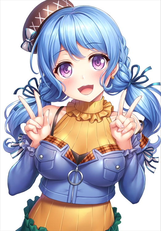 1girl :d alternate_hairstyle bang_dream! bangs black_headwear blue_hair blue_jacket blue_ribbon blush bow braid breast_pocket breasts double_v earrings frilled_shirt_collar frilled_sleeves frills hair_ribbon hat hat_bow jacket jewelry lambda_(kusowarota) long_hair long_sleeves looking_at_viewer matsubara_kanon medium_breasts off-shoulder_jacket open_mouth pocket ribbed_sweater ribbon simple_background sleeve_ribbon sleeveless_sweater smile solo strap_slip sweater twintails upper_body v violet_eyes white_background white_bow white_ribbon yellow_sweater zipper_pull_tab