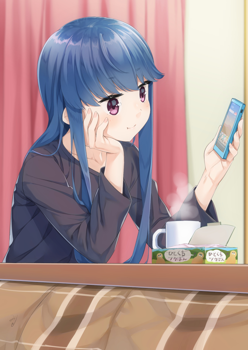 1girl :t bangs black_shirt blue_hair blurry blurry_background blush cellphone closed_mouth collarbone commentary_request cup curtains depth_of_field eyebrows_visible_through_hair fingernails head_in_hand holding holding_cellphone holding_phone indoors kotatsu long_hair long_sleeves looking_at_phone looking_away miri_(ago550421) mug phone pink_nails shima_rin shirt smile solo table tissue_box violet_eyes yurucamp