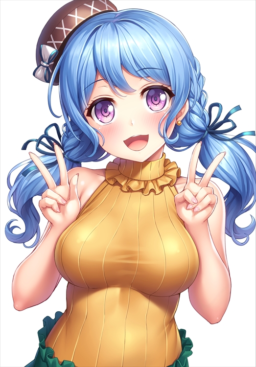 1girl :d alternate_hairstyle bang_dream! bangs black_headwear blue_hair blue_ribbon blush bow braid breasts double_v earrings frilled_shirt_collar frills hair_ribbon hat hat_bow jewelry lambda_(kusowarota) long_hair looking_at_viewer matsubara_kanon medium_breasts open_mouth pocket ribbed_sweater ribbon simple_background sleeveless_sweater smile solo strap_slip sweater tight twintails upper_body v violet_eyes white_background white_bow yellow_sweater