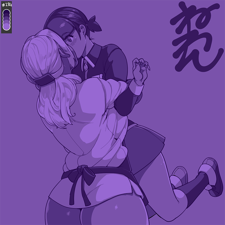 2girls apron bangs black_hair blunt_bangs blush color_guide eyebrows_visible_through_hair feet_up kiss lifting_person linh_(neone) long_hair long_sleeves monochrome multiple_girls neone original purple_theme sarah_(neone) shoes short_hair sidelocks socks white_hair yuri