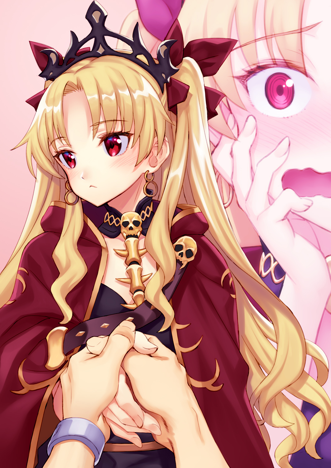 1girl bangs belt between_breasts black_dress blonde_hair blush bow bracelet breasts cape closed_mouth detached_collar dress earrings ereshkigal_(fate/grand_order) fate/grand_order fate_(series) gold_trim gradient gradient_background hair_bow highres holding_hands hoop_earrings infinity jewelry long_hair looking_to_the_side matsuryuu multiple_views open_mouth parted_bangs pink_background red_bow red_cape red_eyes skull solo_focus spine tiara two_side_up wavy_mouth