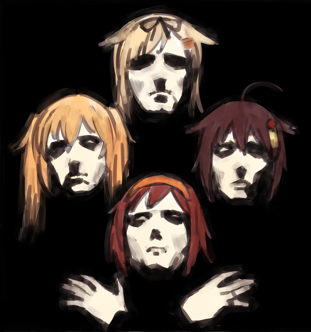 4girls bad_id bad_twitter_id black_background blonde_hair bohemian_rhapsody brown_hair commentary_request crossed_arms hair_ornament hair_tie hairband kantai_collection multiple_girls murasame_(kantai_collection) orange_hair parody queen_(band) redhead shigure_(kantai_collection) shiratsuyu_(kantai_collection) twintails umakuchi_shouyu yuudachi_(kantai_collection)