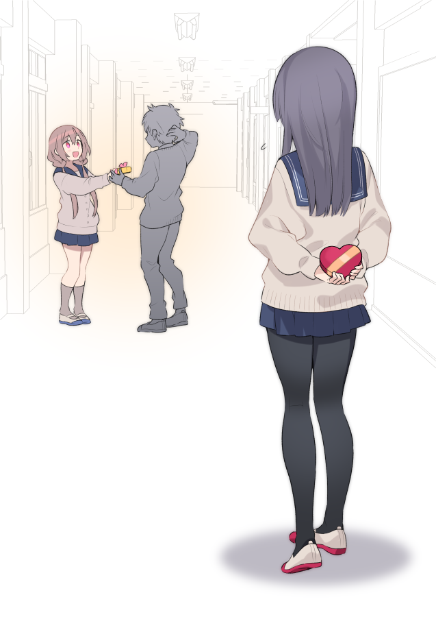 1boy 2girls akagashi_hagane arms_behind_back black_hair black_legwear blue_skirt box brown_cardigan brown_hair cardigan chocolate commentary_request faceless faceless_male full_body grey_legwear hallway hand_on_own_head heart-shaped_box indoors kneehighs long_hair low_twintails multiple_girls open_mouth original pantyhose red_eyes sailor_collar school_uniform shoes skirt smile spot_color twintails valentine white_footwear