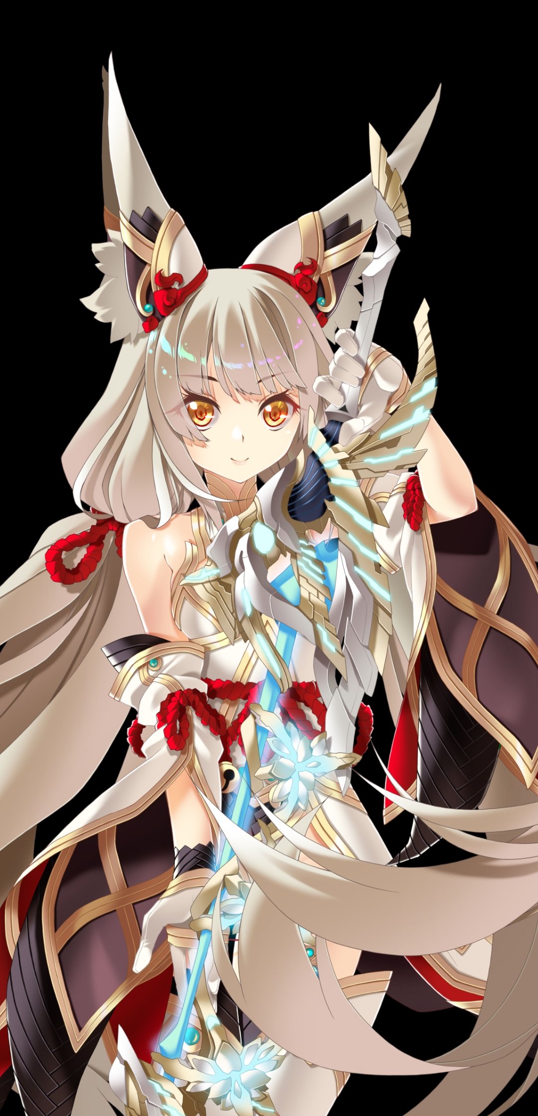 1girl animal_ears bangs bare_shoulders black_background catalyst_scimitar detached_sleeves eyebrows_visible_through_hair eyes_visible_through_hair gloves highres holding holding_sword holding_weapon long_hair looking_at_viewer low_twintails niyah niyah_(blade) raynartfr silver_hair simple_background smile solo spoilers sword thigh-highs twintails very_long_hair weapon white_gloves xenoblade_(series) xenoblade_2 yellow_eyes