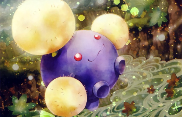 :3 closed_mouth creature full_body gen_2_pokemon jumpluff no_humans official_art outdoors pokemon pokemon_(creature) pokemon_trading_card_game red_eyes river solo sui_(petit_comet) third-party_source water wind