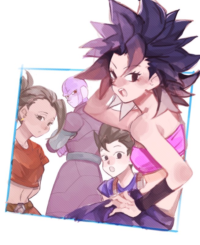 2boys 2girls :o arms_behind_back bangs bare_arms bare_shoulders belt black_eyes black_hair blue_border blue_shirt border breasts cabba caulifla collarbone crop_top crossed_arms d89im dark_skin dragon_ball dragon_ball_super earrings expressionless eyebrows_visible_through_hair eyelashes frown half-closed_eyes hand_in_hair hand_on_hip high_ponytail hit_(dragon_ball) jewelry kale_(dragon_ball) leaning leaning_to_the_side looking_at_viewer looking_back medium_breasts midriff multiple_boys multiple_girls navel outside_border pants ponytail purple_pants red_eyes shirt short_sleeves sideboob simple_background spiky_hair strapless striped teeth tubetop upper_teeth v-shaped_eyebrows white_background wristband