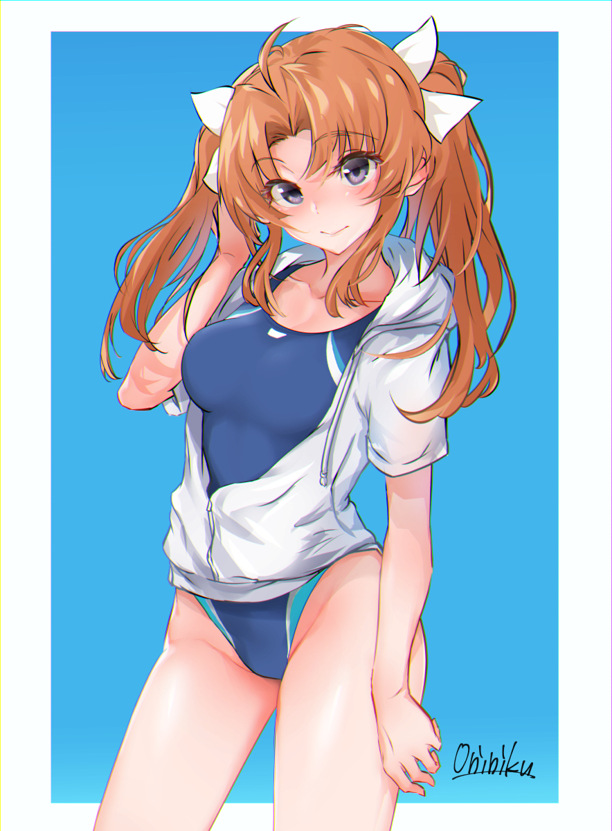 1girl alternate_costume blush breasts brown_hair competition_swimsuit eyebrows_visible_through_hair gradient gradient_background hair_ornament hair_ribbon highres kagerou_(kantai_collection) kantai_collection large_breasts long_hair looking_at_viewer mani_oniniku one-piece_swimsuit ribbon short_sleeves solo swimming swimsuit swimsuit_under_clothes twintails white_hoodie