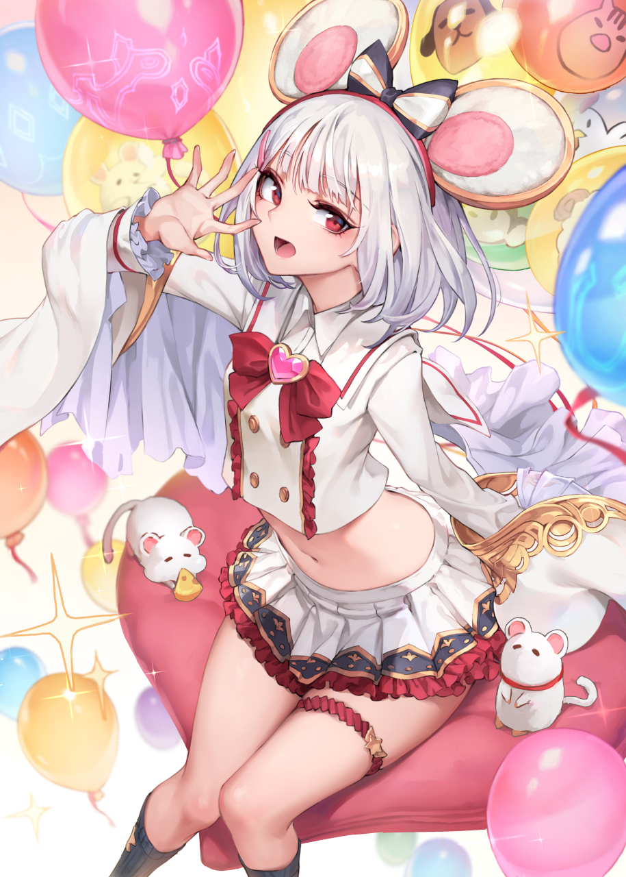 1girl animal_ears balloon bangs bow cheese chinese_zodiac eyebrows_visible_through_hair food granblue_fantasy hair_ornament hairband hairclip heart highres long_sleeves midriff miniskirt mouse mouse_ears navel oopartz_yang open_mouth red_eyes shirt short_hair skirt solo thigh_strap vikala_(granblue_fantasy) white_hair white_shirt white_skirt year_of_the_rat