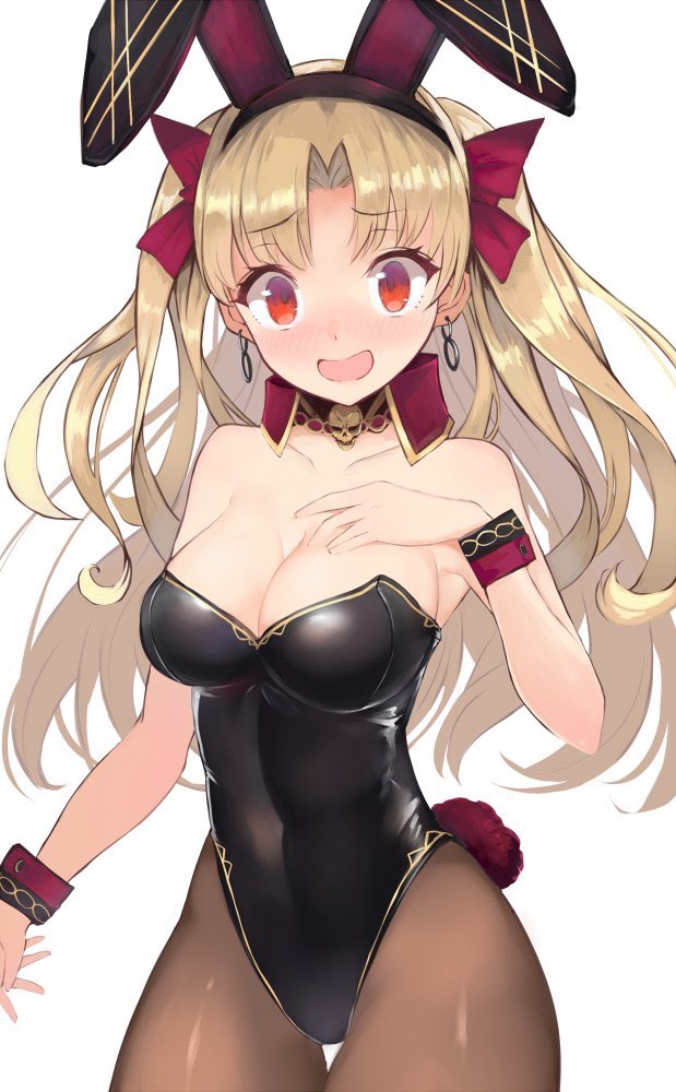 1girl alternate_costume animal_ears bangs blonde_hair blush breasts brown_legwear bunny_tail bunnysuit earrings ereshkigal_(fate/grand_order) eyebrows_visible_through_hair fake_animal_ears fate/grand_order fate_(series) hair_ribbon hand_on_own_chest jewelry large_breasts leotard long_hair open_mouth rabbit_ears red_eyes ribbon simple_background skull solo tail two_side_up white_background wrist_cuffs yuzuruka_(bougainvillea)