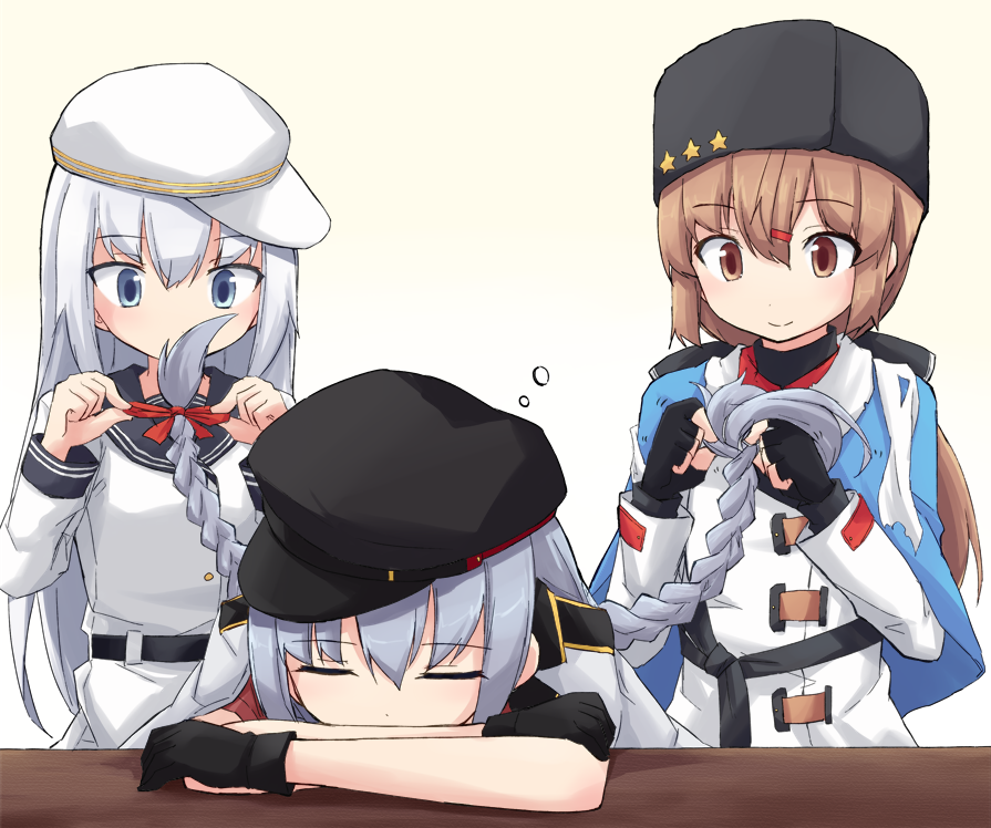 3girls bangs belt black_gloves black_headwear blue_shawl blush braid braiding_hair brown_hair closed_eyes eyebrows_visible_through_hair fingerless_gloves flat_cap gangut_(kantai_collection) gloves grey_hair hair_ornament hair_ribbon hairclip hairdressing hat hibiki_(kantai_collection) jacket jacket_on_shoulders kakizaki_(chou_neji) kantai_collection long_hair long_sleeves low_twintails multiple_girls papakha red_shirt ribbon scarf shawl shirt short_sleeves silver_hair sleeping smile star tashkent_(kantai_collection) torn_scarf twin_braids twintails verniy_(kantai_collection) white_headwear