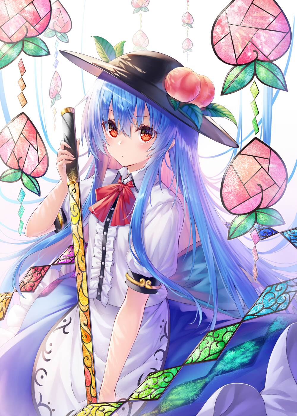1girl arm_up black_headwear blouse blue_hair blue_skirt blurry blurry_background bow bowtie chabaneko commentary_request cowboy_shot decorations depth_of_field expressionless eyebrows_visible_through_hair food fruit hair_between_eyes hat highres hinanawi_tenshi holding holding_sword holding_weapon leaf long_hair looking_at_viewer peach red_eyes red_neckwear short_sleeves sidelocks simple_background sitting skirt solo stained_glass sword sword_of_hisou touhou very_long_hair weapon white_background white_blouse