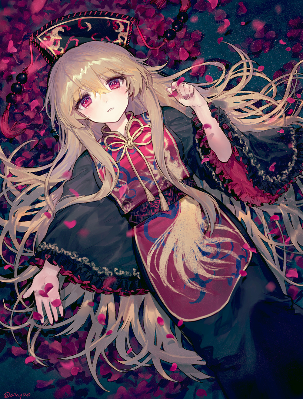 1girl ainy77 black_dress black_headwear blonde_hair chinese_clothes crescent dress fingernails frilled_sleeves frills from_above hair_between_eyes hat highres junko_(touhou) long_hair long_sleeves looking_at_viewer lying on_back parted_lips petals red_eyes revision ribbon rose_petals sash shiny shiny_hair solo tabard tareme tassel touhou wide_sleeves yellow_ribbon