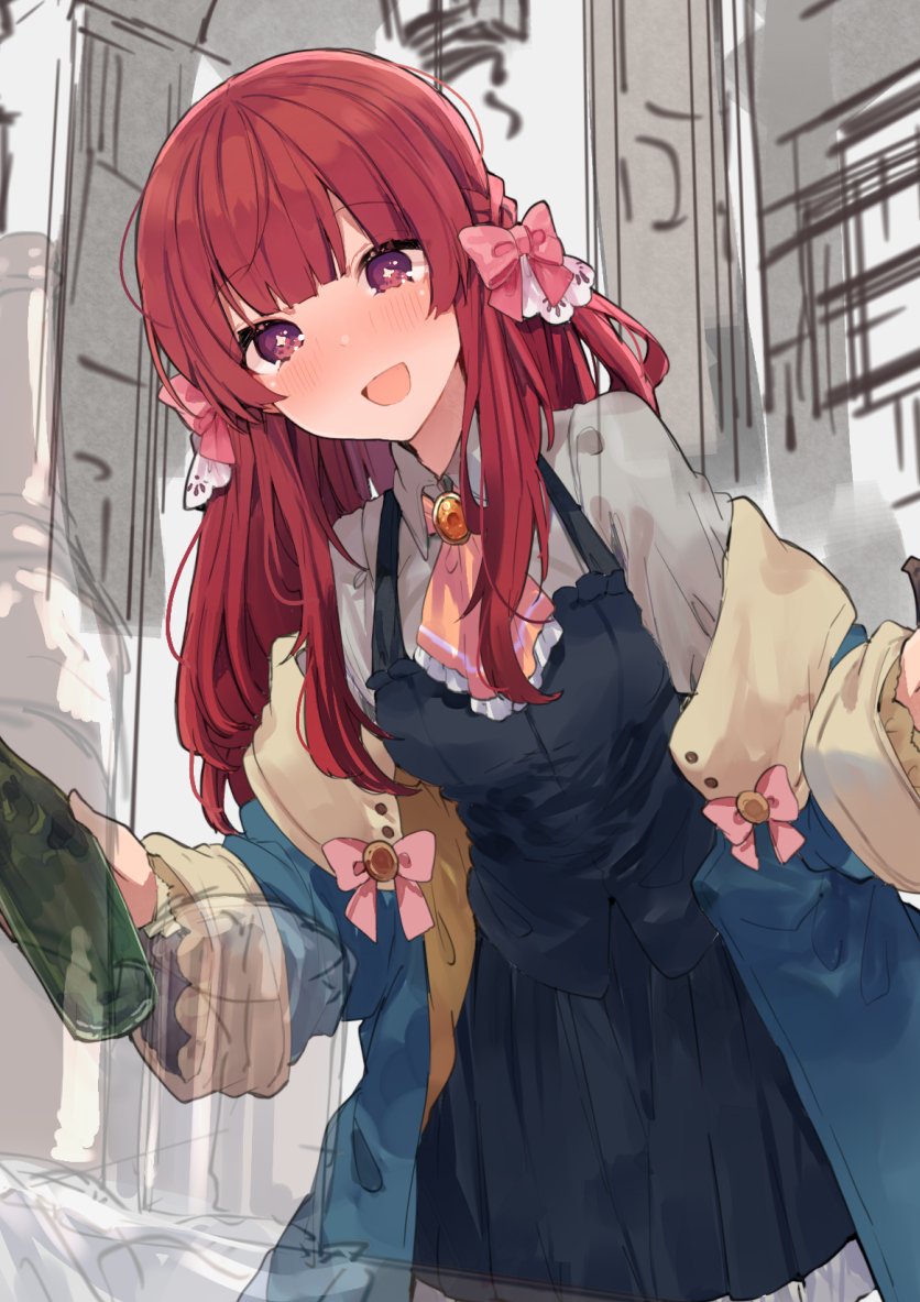 1girl :d ascot bangs black_skirt black_vest blue_coat blunt_bangs blush bottle bow bowtie coat collared_shirt copyright_request eyebrows_visible_through_hair grey_shirt hair_bow head_tilt holding holding_bottle ikeuchi_tanuma leaning_to_the_side long_sleeves looking_at_viewer nose_blush off-shoulder_jacket open_clothes open_coat open_mouth pink_bow pink_neckwear pleated_skirt redhead shirt skirt smile solo star star-shaped_pupils symbol-shaped_pupils unfinished_background vest wing_collar