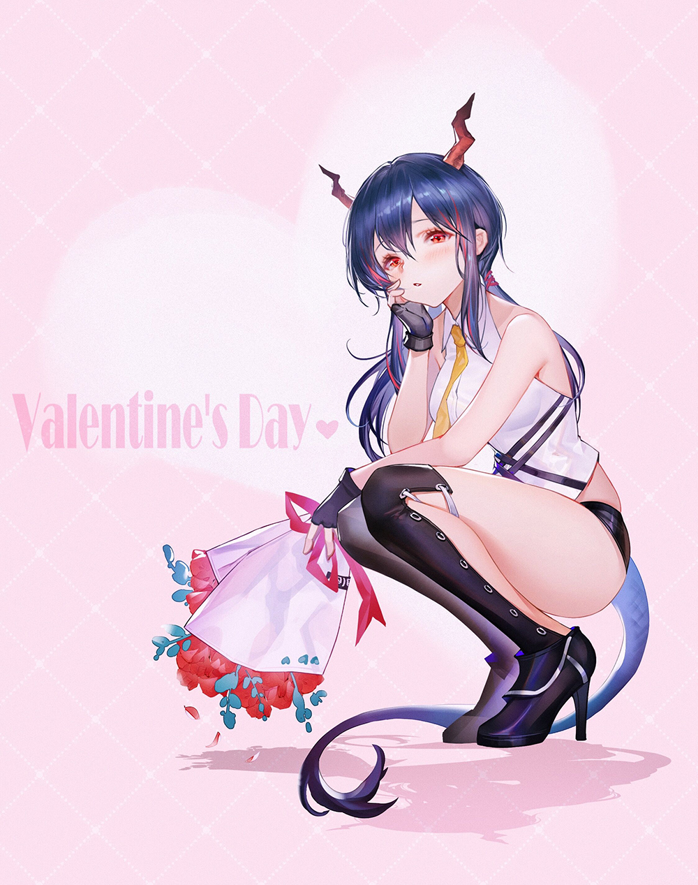 1girl arknights bangs bare_arms bare_shoulders black_footwear black_gloves blue_hair blush boots bouquet breasts ch'en_(arknights) commentary fingerless_gloves flower full_body gloves hair_between_eyes hand_on_own_cheek hand_up heart high_heel_boots high_heels highres horns long_hair low_twintails medium_breasts necktie parted_lips petals pink_background rainygo red_eyes shadow shin_guards shirt short_shorts shorts sidelocks simple_background sleeveless sleeveless_shirt solo squatting tail thigh-highs thigh_boots thighs twintails valentine white_shirt yellow_neckwear