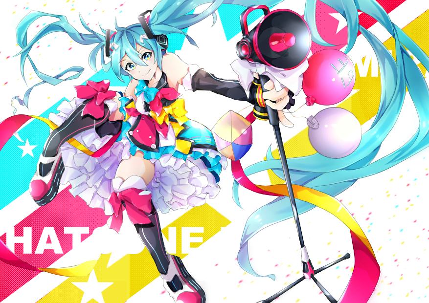 1girl 39 aqua_bow aqua_eyes aqua_hair balloon bare_shoulders black_hair black_sleeves bow bowtie character_name commentary confetti cube detached_sleeves dress frilled_skirt frills full_body hair_ornament hair_ribbon hatsune_miku headphones holding_microphone_stand kikori70796699 knees_up long_hair loudspeaker magical_mirai_(vocaloid) microphone_stand outstretched_arm petticoat pink_bow ribbon shoes skirt sleeveless sleeveless_dress smile solo star thigh-highs twintails v-shaped_eyebrows very_long_hair vocaloid yellow_bow