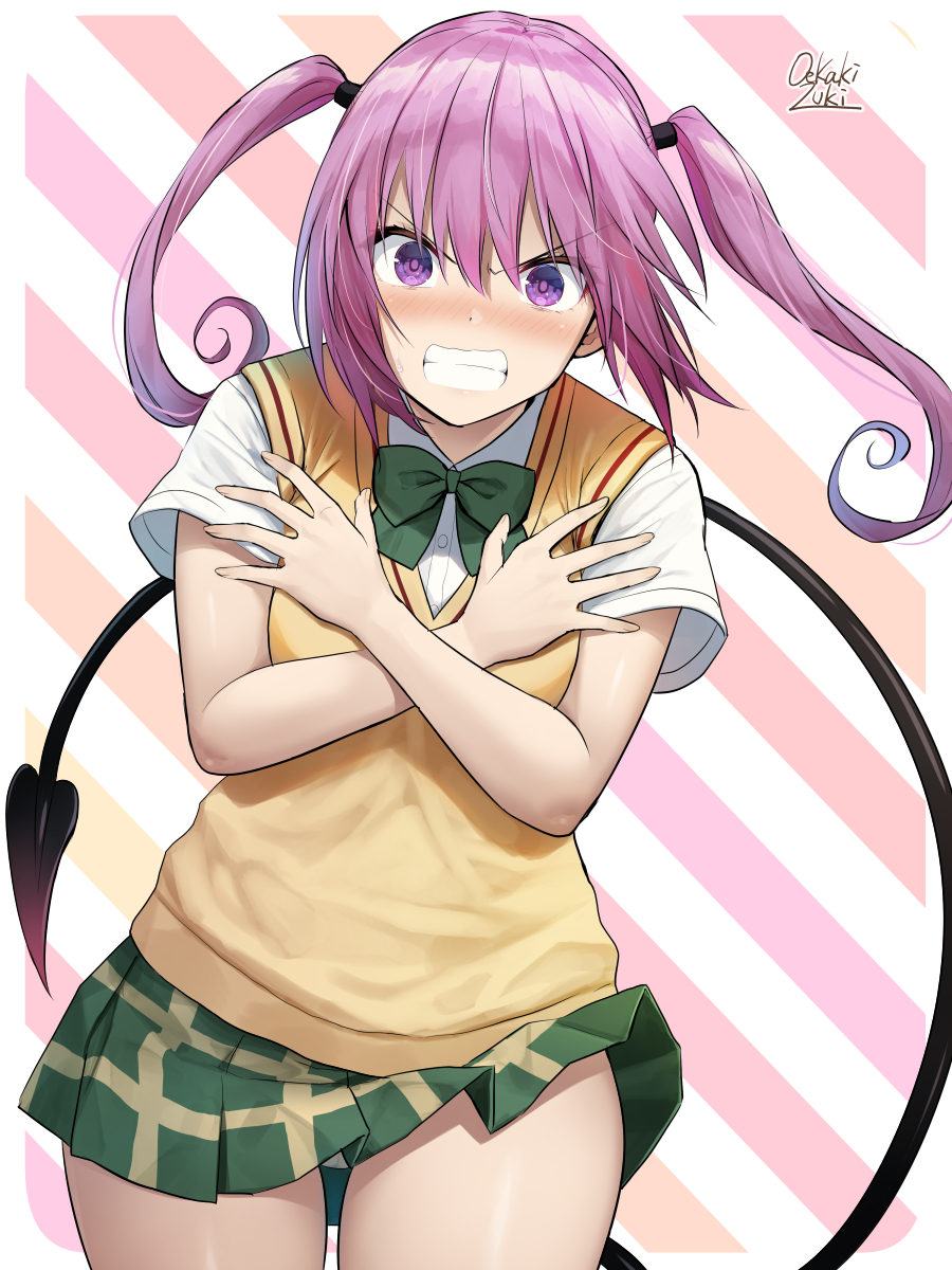 1girl angry beige_vest black_ribbon blush bow bowtie breasts clenched_teeth covering covering_breasts cowboy_shot demon_tail green_neckwear green_skirt hair_between_eyes hair_ribbon hands_up highres leaning_forward long_hair looking_at_viewer medium_hair miniskirt nana_asta_deviluke oekakizuki panties pantyshot pantyshot_(standing) plaid plaid_skirt pleated_skirt ribbon school_uniform shirt signature skirt skirt_lift small_breasts solo standing striped striped_background tail teeth thighs to_love-ru to_love-ru_darkness twintails underwear white_panties white_shirt
