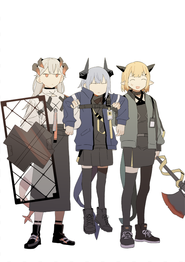 3girls arknights asymmetrical_legwear black_legwear black_skirt blonde_hair blue_jacket carrying closed_eyes dyx_(asdiandyx) grey_hair halberd height_difference holding holding_shield holding_weapon horns id_card jacket liskarm_(arknights) long_hair long_skirt multiple_girls open_clothes open_jacket platinum_blonde_hair pleated_skirt pointy_ears polearm saria_(arknights) shield shoes short_hair simple_background single_thighhigh skirt smile sneakers tail thigh-highs vanilla_(arknights) weapon white_background