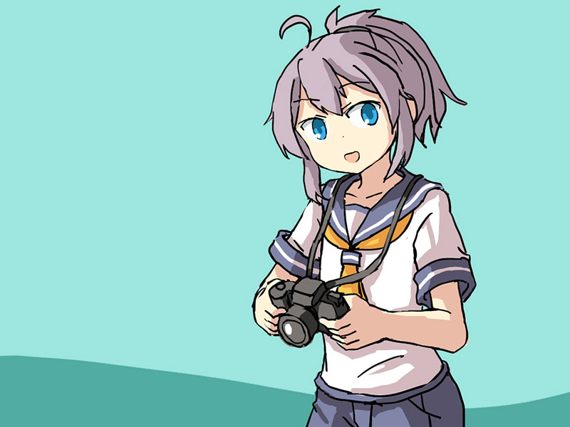 1girl adrian_ferrer aoba_(kantai_collection) blue_background blue_eyes blue_scrunchie camera kantai_collection neckerchief ponytail purple_hair purple_sailor_collar purple_shorts sailor_collar school_uniform scrunchie serafuku shorts solo two-tone_background upper_body yellow_neckwear