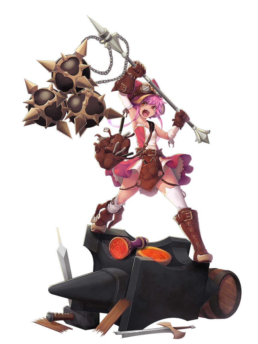 1girl animal_ears animal_hat anvil arm_up asymmetrical_legwear bag barrel boots breasts broken broken_sword broken_weapon brown_footwear brown_gloves detached_sleeves dress fake_animal_ears gloves goggles goggles_on_headwear hammer hand_up hat highres holding holding_weapon knee_boots koflif long_hair long_sleeves looking_at_viewer open_mouth original pink_hair red_dress red_eyes red_headwear shadow_seven shoulder_bag sidelocks simple_background small_breasts solo standing strapless strapless_dress sword thigh-highs thighhighs_pull weapon white_background white_legwear white_sleeves