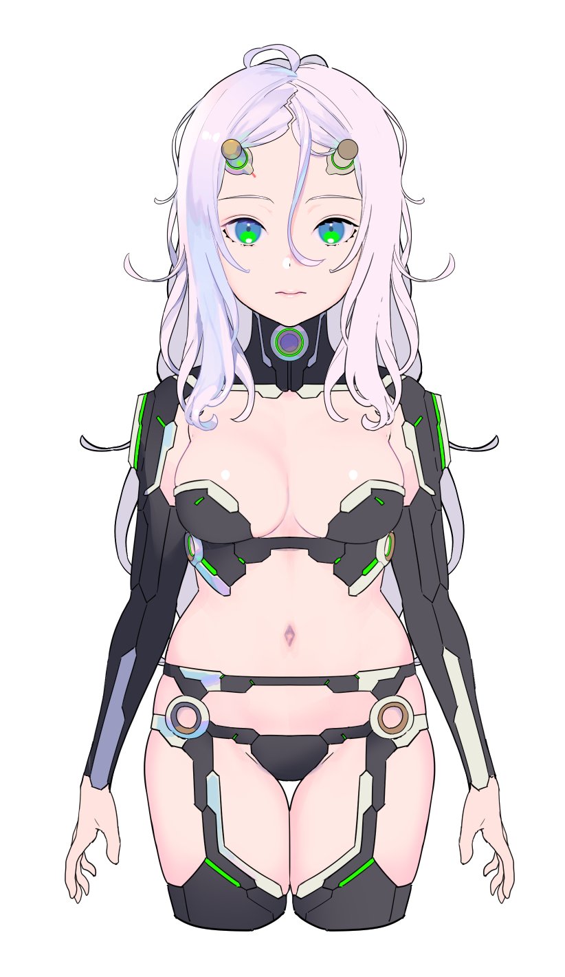 1girl arms_at_sides blue_eyes bodysuit breasts closed_mouth cropped_legs green_eyes hair_between_eyes highres horns legs_together long_sleeves looking_at_viewer medium_hair multicolored multicolored_eyes nagisa_kurousagi navel open_bodysuit original pink_hair revision simple_background small_breasts solo thigh_gap white_background