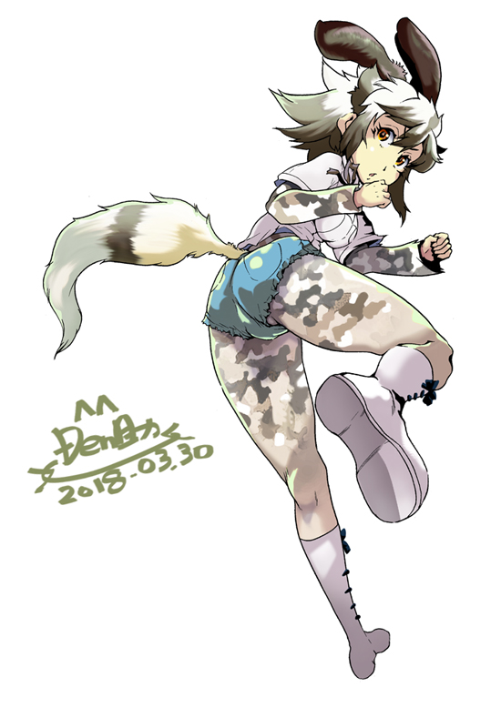 1girl african_wild_dog_(kemono_friends) african_wild_dog_print animal_ears animal_print ass attack attacking_viewer black_hair bodystocking boots brown_eyes clenched_hands commentary_request cutoffs dated den_(zeroshiki) dog_ears dog_tail extra_ears fighting_stance floating_hair from_behind full_body grey_hair hair_between_eyes hands_up incoming_attack kemono_friends leaning_forward long_sleeves looking_at_viewer looking_back medium_hair multicolored_hair parted_lips shirt shoe_soles short_over_long_sleeves short_shorts short_sleeves shorts sidelocks signature simple_background solo tail tail_through_clothes twisted_torso v-shaped_eyebrows white_background white_hair white_shirt