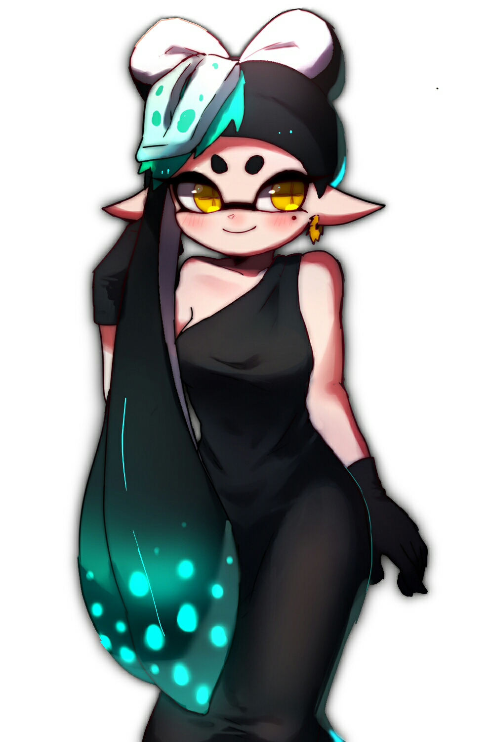 +_+ 1girl alternate_hairstyle aori_(splatoon) black_dress black_gloves closed_mouth domino_mask dress earrings food food_on_head formal gloves hair_over_one_eye highres jewelry long_dress long_hair looking_at_viewer mask mole mole_under_eye object_on_head poin simple_background single_strap sleeveless sleeveless_dress smile solo splatoon_(series) splatoon_1 standing sushi tentacle_hair very_long_hair white_background wuju_(1198979953) yellow_eyes