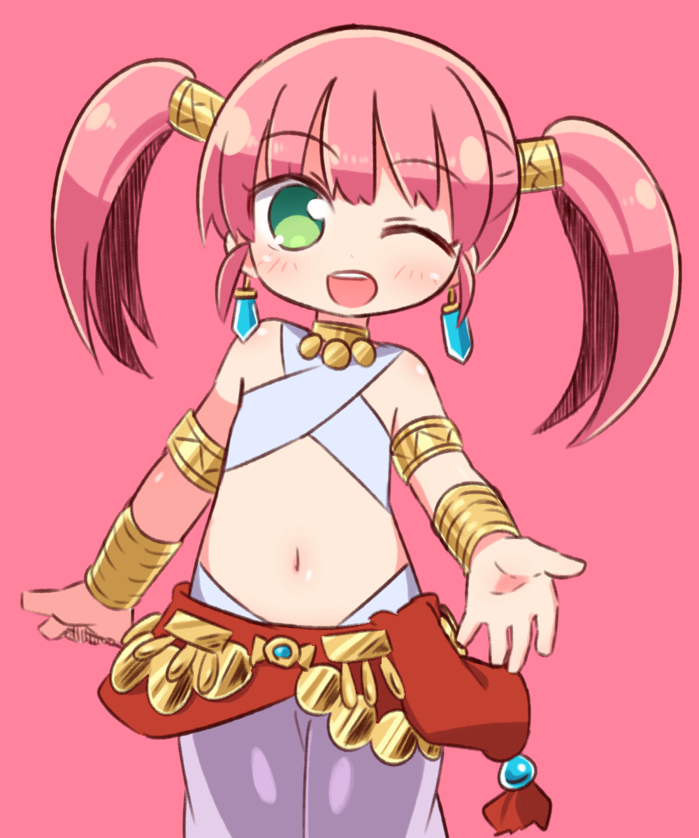 1girl ;d bangs bare_shoulders blush dancer_(sekaiju) earrings eyebrows_visible_through_hair flat_chest green_eyes hair_ornament harem_outfit highres jewelry long_hair looking_at_viewer naga_u navel one_eye_closed open_mouth outstretched_arm pants pink_background pink_hair sekaiju_no_meikyuu sekaiju_no_meikyuu_4 simple_background smile solo standing twintails white_pants