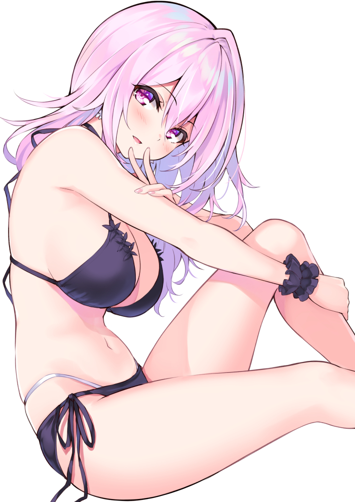 1girl bare_arms bare_legs bare_shoulders bikini black_bikini blush breasts commentary_request cu-no eyebrows_visible_through_hair from_side halterneck highleg hisenkaede large_breasts legs long_hair looking_at_viewer looking_to_the_side navel open_mouth pink_eyes pink_hair scrunchie side-tie_bikini sideboob simple_background sitting skindentation smile solo string_bikini swimsuit thighs v white_background wrist_scrunchie yayoi_sakura
