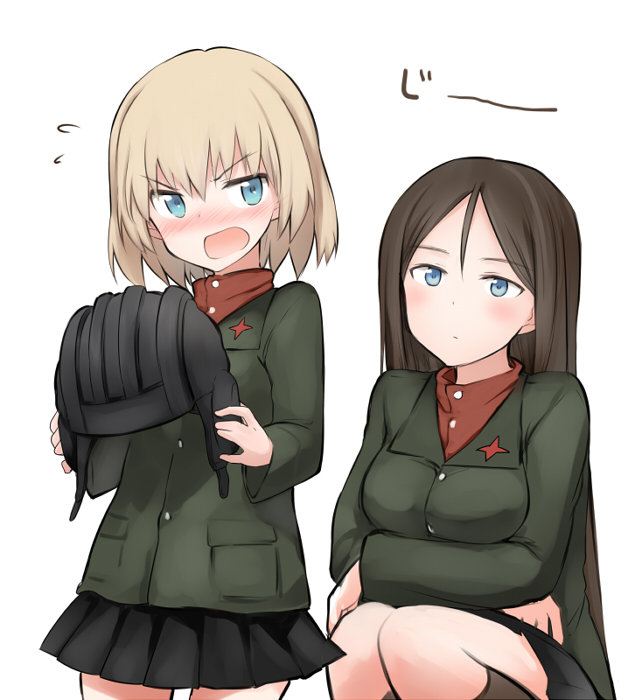 2girls bangs black_headwear black_skirt blonde_hair blue_eyes blush closed_mouth commentary crossed_arms flying_sweatdrops frown girls_und_panzer green_jacket holding insignia jacket katyusha_(girls_und_panzer) long_sleeves looking_at_another looking_at_viewer miniskirt multiple_girls nonna_(girls_und_panzer) open_mouth pleated_skirt pravda_school_uniform red_shirt school_uniform shirt short_hair simple_background skirt squatting standing tank_helmet tsuchii_(ramakifrau) turtleneck v-shaped_eyebrows white_background