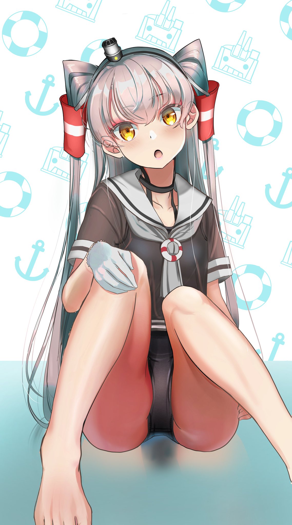 1girl :o alternate_costume amatsukaze_(kantai_collection) anchor bangs barefoot black_swimsuit blush eyebrows_visible_through_hair gloves grey_neckwear hair_ornament hair_tubes hairband highres innertube kantai_collection kotoba_suzu long_hair one-piece_swimsuit open_mouth rensouhou-kun sailor_collar short_sleeves silver_hair single_glove solo swimsuit swimsuit_under_clothes two_side_up white_gloves yellow_eyes