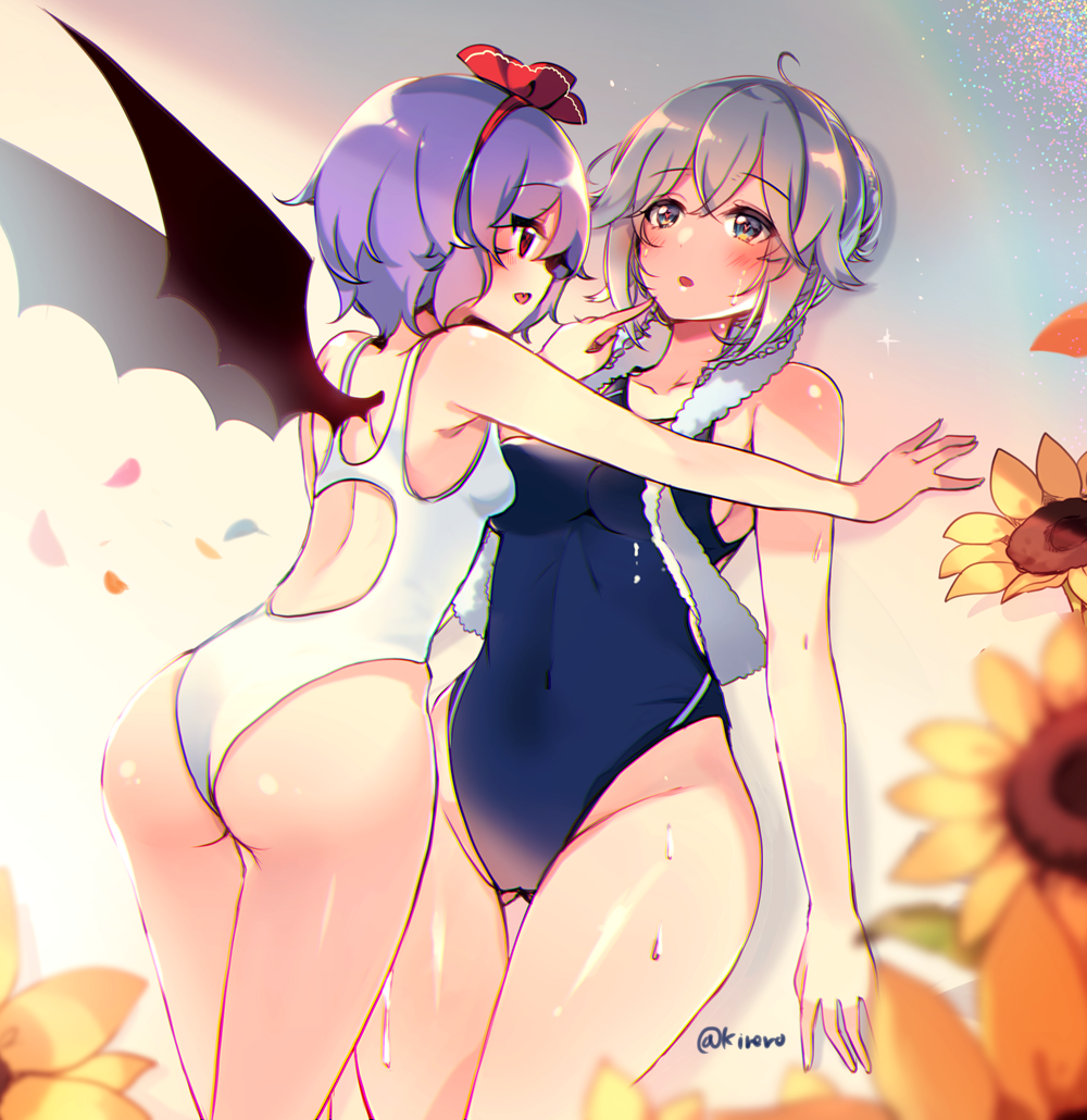 2girls against_wall ahoge ass ass_visible_through_thighs bangs bare_arms bare_shoulders bat_wings blue_eyes blue_swimsuit blush braid breasts collarbone commentary_request competition_swimsuit covered_navel eye_contact eyebrows_visible_through_hair fang flower groin hair_between_eyes hair_ribbon heart heart-shaped_pupils index_finger_raised izayoi_sakuya kirero lavender_hair looking_at_another medium_breasts multiple_girls one-piece_swimsuit open_mouth petals red_eyes red_ribbon remilia_scarlet ribbon shiny shiny_hair shiny_skin short_hair silver_hair small_breasts standing sunflower swimsuit symbol-shaped_pupils thigh_gap thighs touhou towel towel_around_neck twin_braids twitter_username white_swimsuit wings