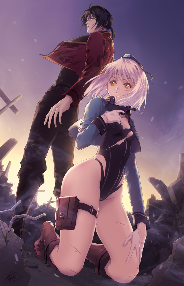 1boy 1girl arm_at_side black_hair black_leotard blue_jacket blue_sky bob_cut boots breasts brown_eyes brown_footwear character_request closed_mouth commentary_request concrete cropped_jacket cuts evening eyelashes finger_on_trigger from_below full_body garrison_cap girls_frontline gloves gun hair_blowing hand_on_own_chest hand_on_own_knee handgun hat holding holding_gun holding_weapon injury ishimaru_f jacket knee_boots kneeling legs leotard looking_to_the_side luger_p08 on_ground open_clothes open_jacket p08_(girls_frontline) pants pistol ponytail rebar red_jacket rubble scar signpost sky small_breasts smoke sunlight thigh_pouch thigh_strap thighs torn_clothes torn_gloves torn_leotard twilight weapon white_gloves white_hair wreckage yellow_eyes