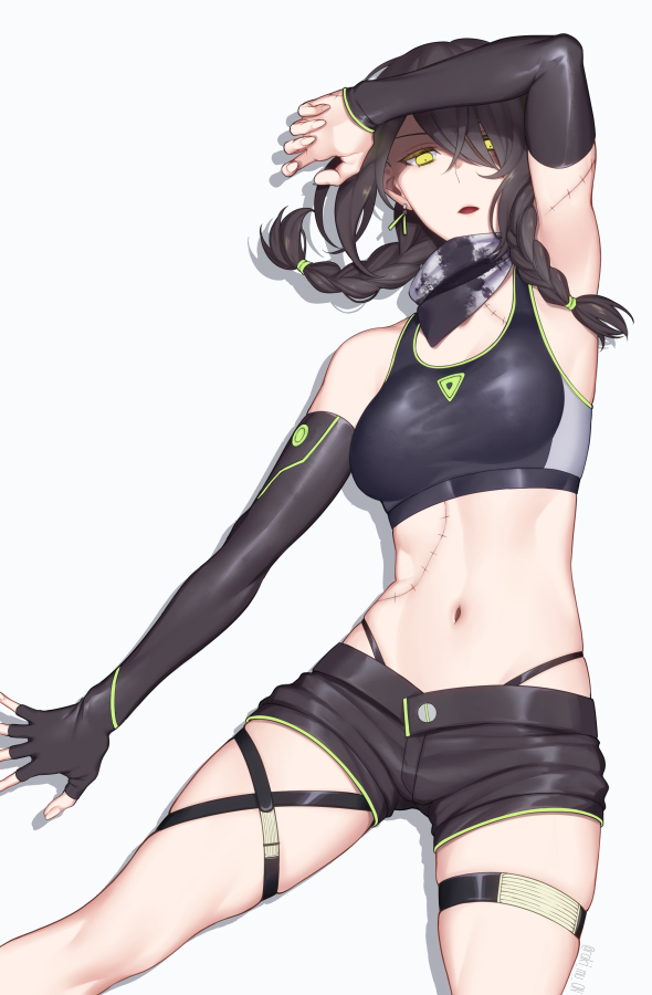 1girl arm_up arm_warmers armpits bandana black_gloves black_hair braid commentary_request cowboy_shot crop_top dangle_earrings earrings elbow_gloves fingerless_gloves fingernails girls_frontline gloves green_trim hair_over_one_eye hair_tie hand_to_forehead jewelry legs long_hair looking_at_viewer looking_down lying mac-10_(girls_frontline) midriff navel on_back parted_lips partial_commentary roki_(shouka65) scar shadow shirt short_shorts shorts simple_background single_arm_warmer single_elbow_glove single_fingerless_glove skindentation solo spread_fingers stitches taut_clothes taut_shirt thigh_strap thong tsurime twitter_username white_background yellow_eyes