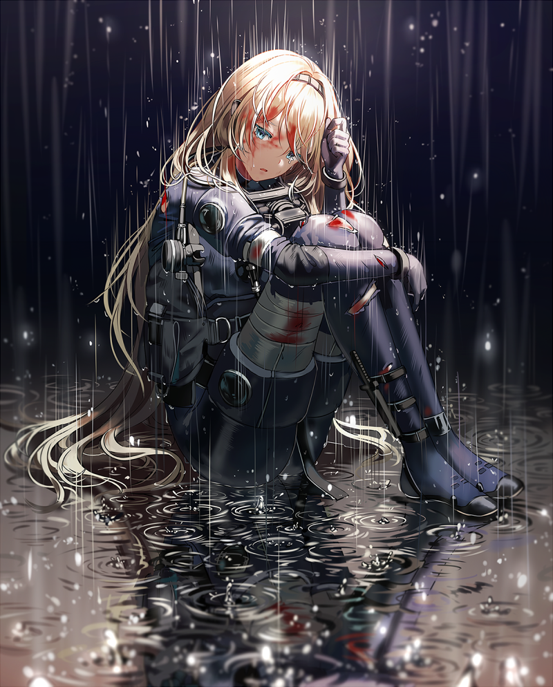 1girl an-94_(girls_frontline) bandaged_leg bandages bangs blonde_hair blood blood_on_face bloody_clothes bloody_hair blue_eyes full_body girls_frontline hairband long_hair open_mouth rain silence_girl sitting solo tactical_clothes tearing_up tears torn_clothes water wet