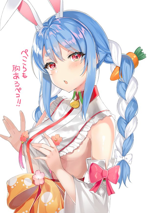 1girl animal_ear_fluff animal_ears bangs blue_hair blush bow braid breasts carrot_hair_ornament commentary_request cosplay detached_sleeves food_themed_hair_ornament hair_bow hair_ornament head_tilt hololive long_hair looking_at_viewer medium_breasts motsunuki multicolored_hair nontraditional_miko obi open_mouth rabbit_ears red_eyes sakura_miko sakura_miko_(cosplay) sash sideboob sidelocks simple_background solo streaked_hair translation_request twintails upper_body usada_pekora virtual_youtuber white_background white_bow white_hair wide_sleeves