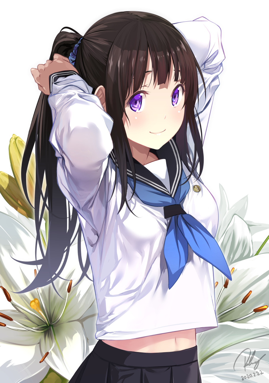 1girl arms_up bangs belly_peek black_sailor_collar black_skirt blue_neckwear blunt_bangs blush breasts chitanda_eru closed_mouth commentary_request cowboy_shot dated floral_background flower hair_ornament hair_scrunchie highres hyouka long_hair long_sleeves navel neckerchief pleated_skirt ponytail re_lucy sailor_collar school_uniform scrunchie serafuku sidelocks signature skirt small_breasts smile solo tareme tying_hair violet_eyes white_background white_flower