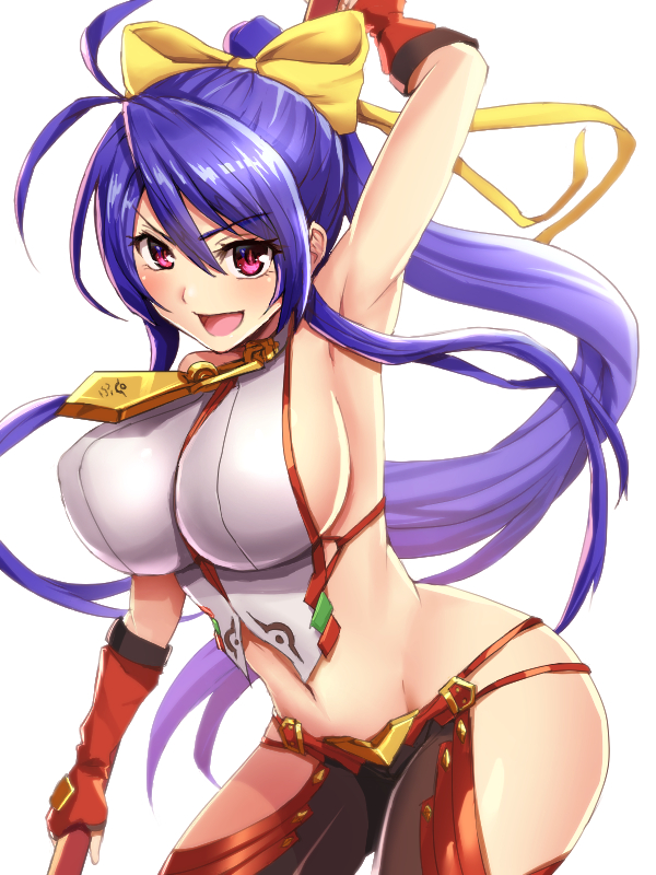 1girl arm_up bangs behind_back between_breasts blazblue blazblue_remix_heart blue_hair bow breasts commentary cowboy_shot eyebrows_visible_through_hair fingerless_gloves gloves hair_bow holding holding_staff large_breasts long_hair looking_at_viewer lowleg lowleg_pants mai_natsume masa_tarou medallion navel object_behind_back open_mouth pants ponytail red_gloves revealing_clothes side_cutout sidelocks simple_background smile solo staff standing swept_bangs very_long_hair violet_eyes white_background yellow_bow