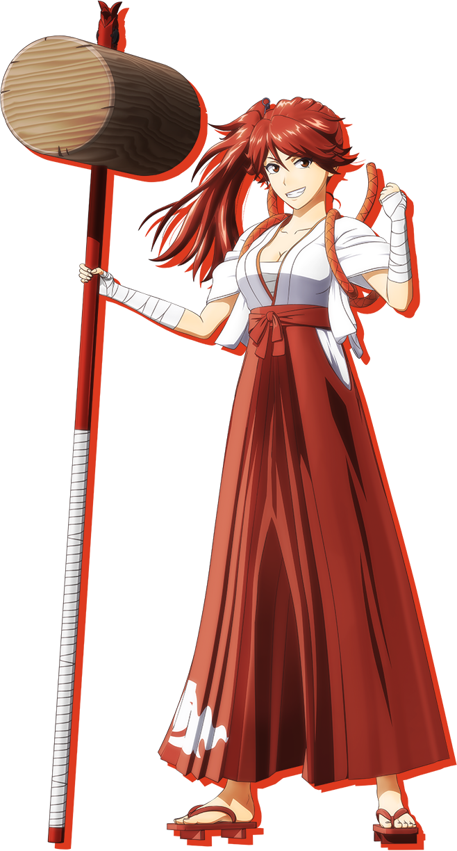 1girl geta hakama hammer highres japanese_clothes no_socks ponytail red_eyes redhead sakura_taisen sarashi shin_sakura_taisen shinonome_hatsuho sleeves_rolled_up wrist_wrap