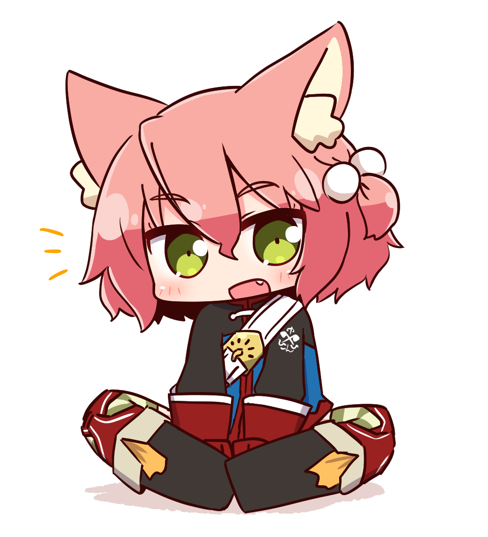 1girl 7th_dragon 7th_dragon_(series) :d animal_ear_fluff animal_ears bangs belt belt_buckle black_footwear blue_jacket blush boots buckle cat_ears chibi eyebrows_visible_through_hair fang full_body gloves green_eyes hair_between_eyes hair_bobbles hair_ornament harukara_(7th_dragon) jacket knee_boots long_sleeves looking_at_viewer naga_u notice_lines one_side_up open_mouth pink_hair red_gloves shadow sitting smile solo striped striped_legwear thigh-highs thighhighs_under_boots white_background white_belt