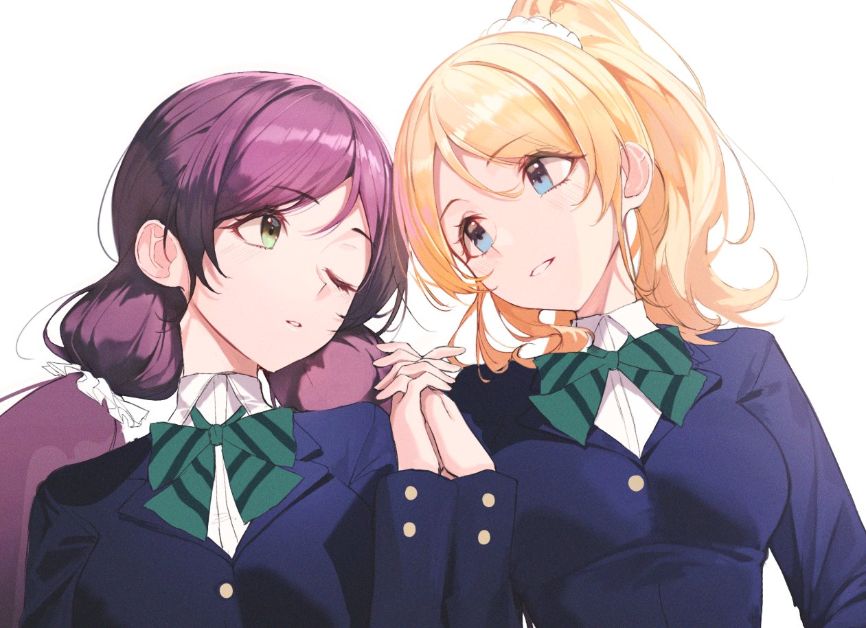 ayase_eli bangs blonde_hair blue_eyes bow bowtie eyebrows_visible_through_hair green_eyes green_neckwear hair_ribbon long_hair long_sleeves love_live! love_live!_school_idol_festival love_live!_school_idol_project low_twintails one_eye_closed open_mouth otonokizaka_school_uniform ponytail pro-p purple_hair ribbon school_uniform scrunchie striped striped_neckwear toujou_nozomi twintails white_scrunchie