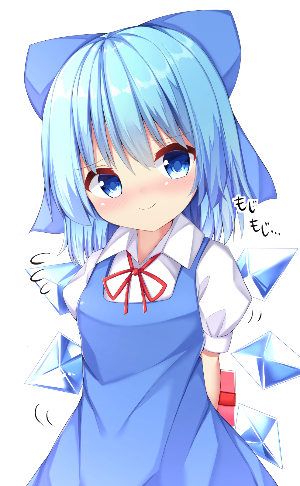 1girl arms_behind_back blue_dress blue_eyes blue_hair blush bow box cirno dress eyebrows_visible_through_hair fidgeting flying_sweatdrops gift gift_box hair_between_eyes hair_bow head_tilt highres holding holding_box kuraaken looking_at_viewer motion_lines pinafore_dress puffy_short_sleeves puffy_sleeves red_ribbon ribbon shirt short_hair short_sleeves simple_background smile solo standing touhou upper_body white_background white_shirt wings
