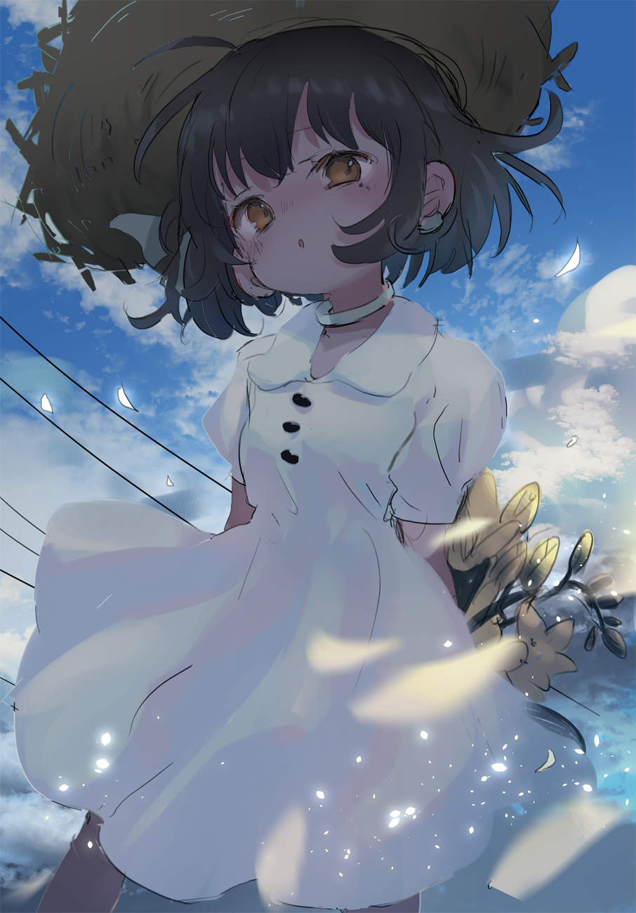 1girl arms_behind_back bangs black_hair blue_sky blush bouquet brown_eyes brown_headwear choker clouds cloudy_sky collared_dress commentary_request day dress ear_piercing eyebrows_visible_through_hair flower hat hatoba_tsugu hatoba_tsugu_(character) highres looking_at_viewer outdoors parted_lips piercing sha2mo short_sleeves sky solo straw_hat virtual_youtuber white_choker white_dress yellow_flower