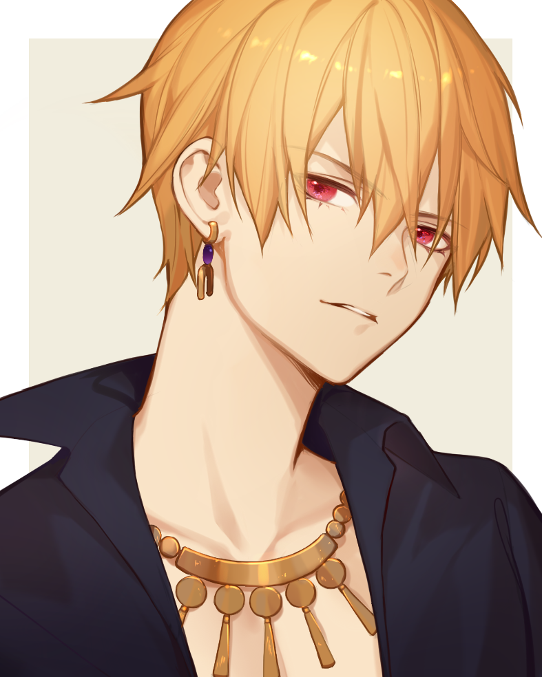 1boy black_shirt blonde_hair collarbone commentary earrings eyebrows_visible_through_hair face fate/grand_order fate_(series) gilgamesh hair_between_eyes jesse_(pixiv34586727) jewelry looking_at_viewer parted_lips red_eyes shirt short_hair solo