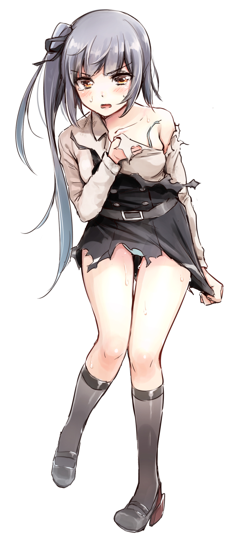 1girl bangs belt black_dress black_ribbon blush brown_eyes collared_shirt covering covering_breasts double-breasted dress eyebrows_visible_through_hair full_body grey_footwear grey_hair grey_legwear grey_shirt hair_ribbon high_heels highres kantai_collection kasumi_(kantai_collection) long_hair looking_at_viewer one_side_up panties panty_peek parted_lips ribbon shirt simple_background single_bare_shoulder socks solo standing standing_on_one_leg sweatdrop torn_clothes torn_dress torn_shirt umakuchi_shouyu underwear very_long_hair white_background white_panties wing_collar