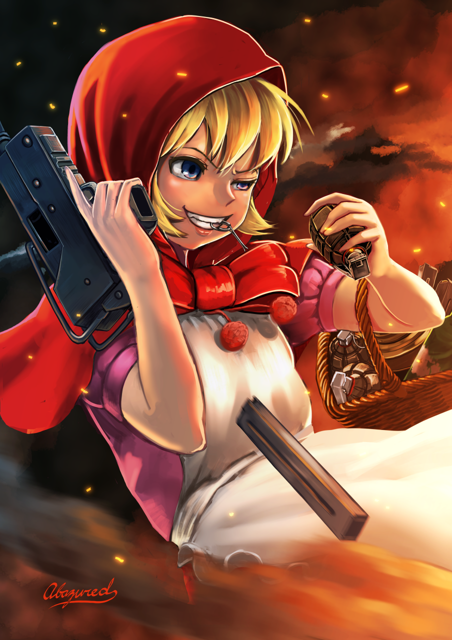 1girl abazu-red action artist_name bangs basket blonde_hair blue_eyes bulleta capelet commentary_request dress embers grenade_pin grin gun half-closed_eye highres holding holding_basket holding_grenade holding_gun holding_weapon hood hood_up hooded_capelet leaning_back mouth_hold partial_commentary picnic_basket red_capelet red_dress short_sleeves signature smile smoke solo standing submachine_gun vampire_(game) weapon