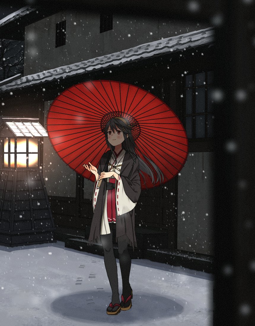 1girl annin_musou black_hair black_legwear blush brown_eyes commentary_request hair_between_eyes hairband haruna_(kantai_collection) headgear holding holding_umbrella japanese_clothes kantai_collection long_hair nontraditional_miko oriental_umbrella pantyhose pleated_skirt red_skirt red_umbrella ribbon-trimmed_sleeves ribbon_trim skirt snow snowing solo standing umbrella wide_sleeves zouri